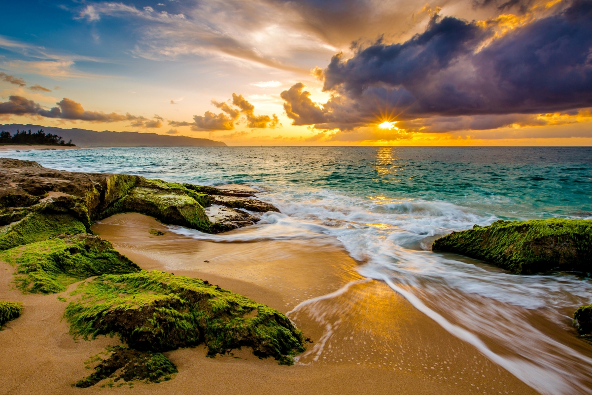 沙滩 天空 太阳 日出 云 海岸 藻类 夏威夷风景4k壁纸