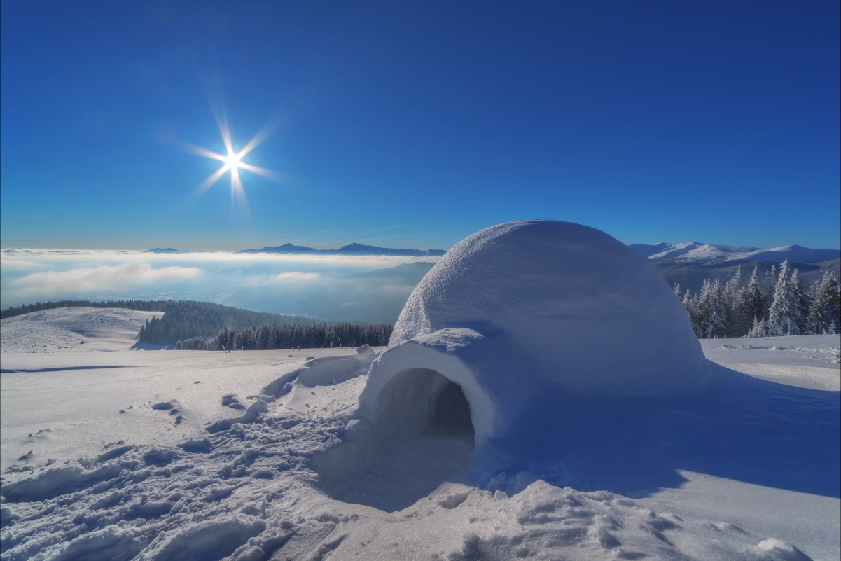 景观 雪屋 树林 天空 太阳 8k风景图片