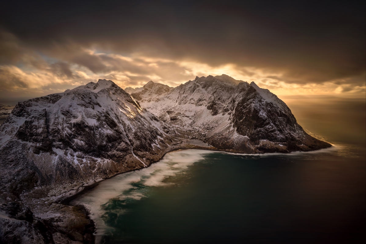 挪威,海岸,全景,冬天,山,雪,罗弗敦群岛风景5K壁纸