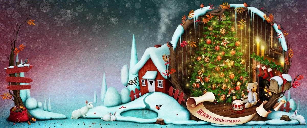 泰迪熊,气球,新的一年,栅栏,背景,雪,袜子,壁炉,小屋,圣诞树,3440x1440壁纸