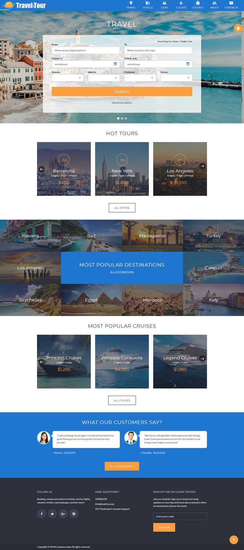 蓝色国外的旅游酒店机票一站式服务网站模板