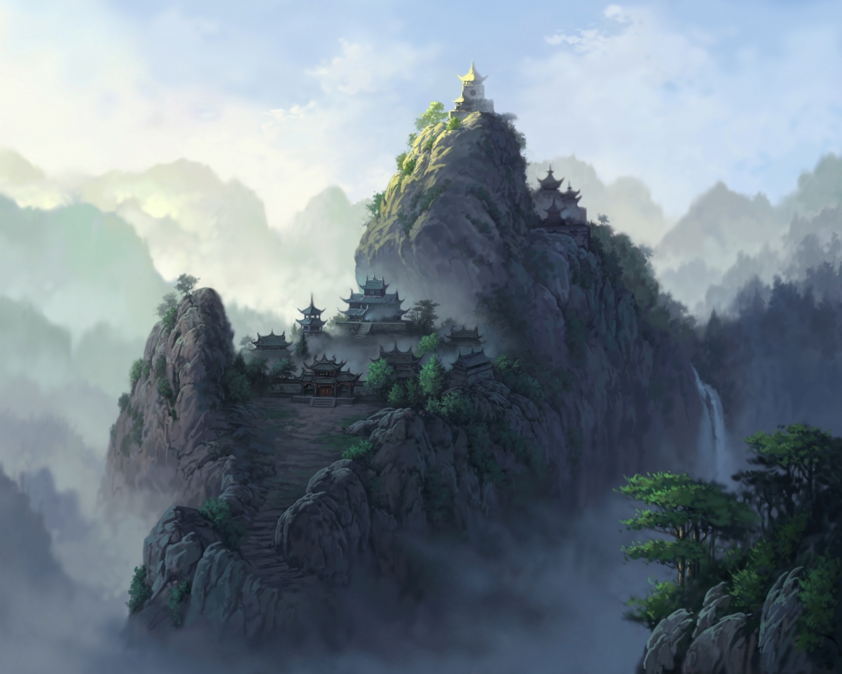 山寺,塔,钟楼,山雾,高山流水风景绘画图片