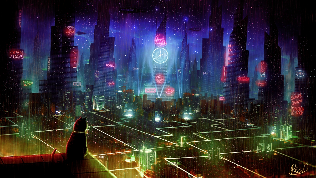 猫 未来主义城市 3D 城市景观 空间 科幻 4k壁纸