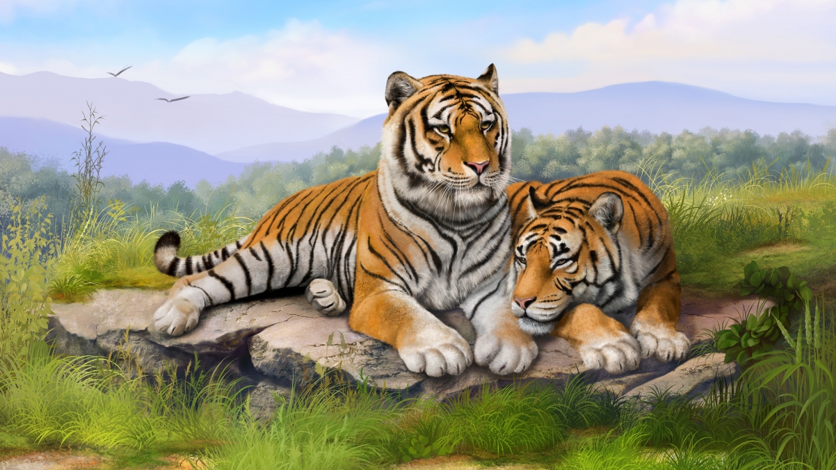两只老虎手绘风景图片