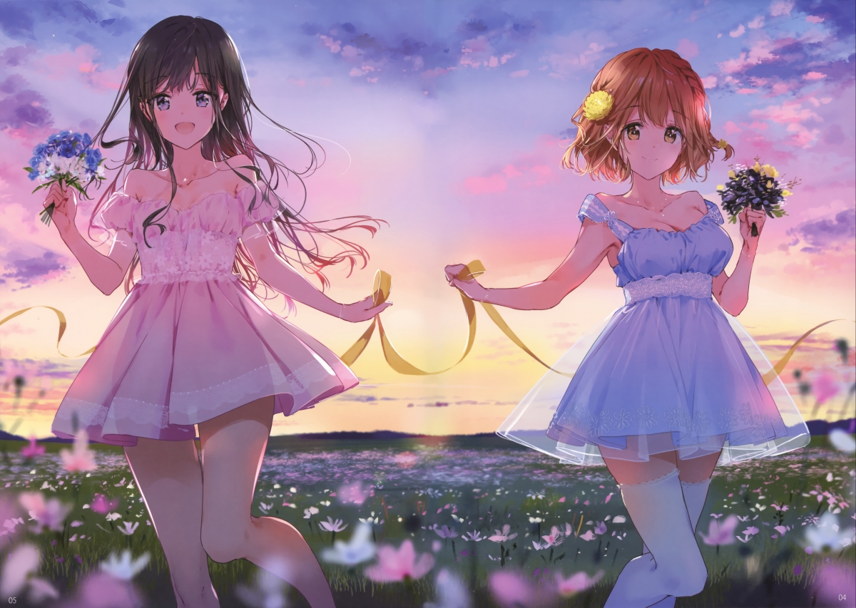 两个女孩 裙子 花朵 天空 日落 4k动漫壁纸