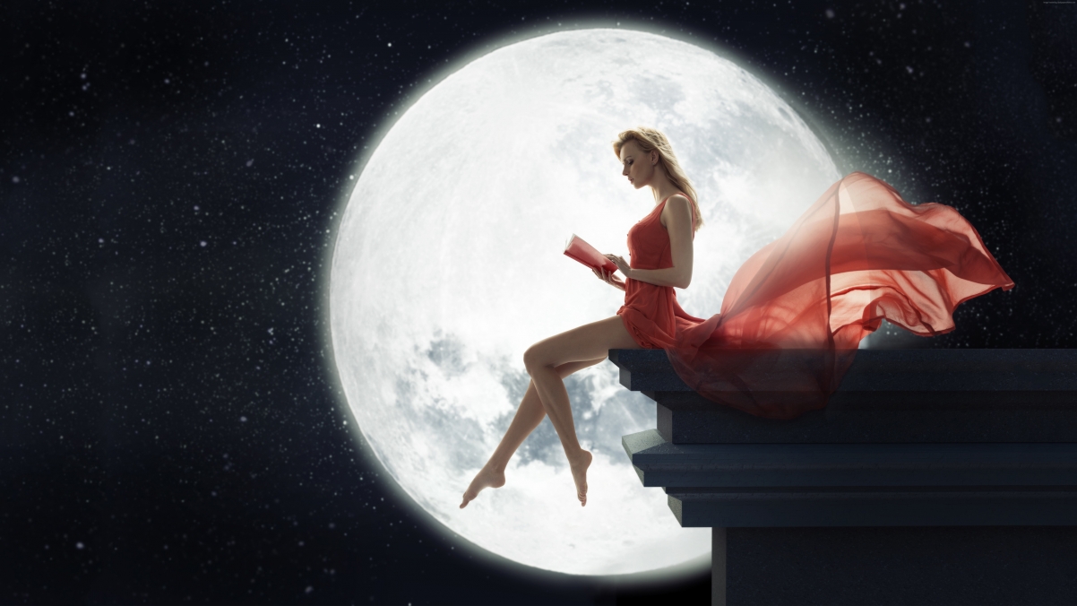 晚上,女孩,红色连衣裙,月亮,星星,阅读,书籍,4k壁纸