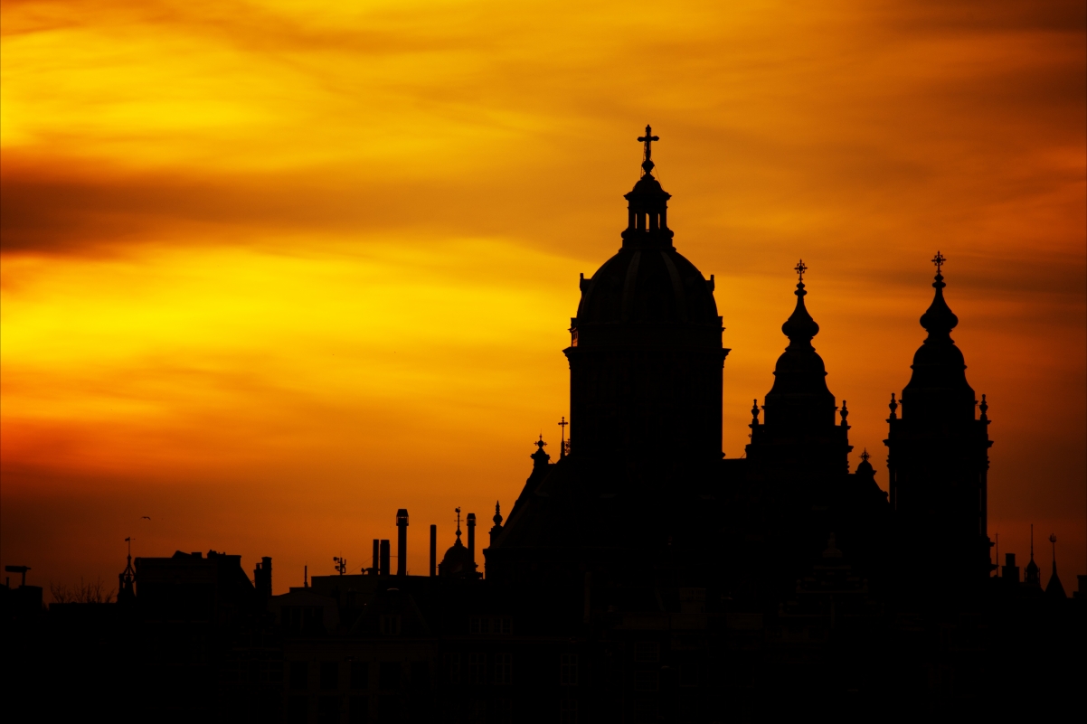 美丽建筑教堂,黄昏风景,古老,宗教,日落,塔,阿姆斯特丹,5k风景图片