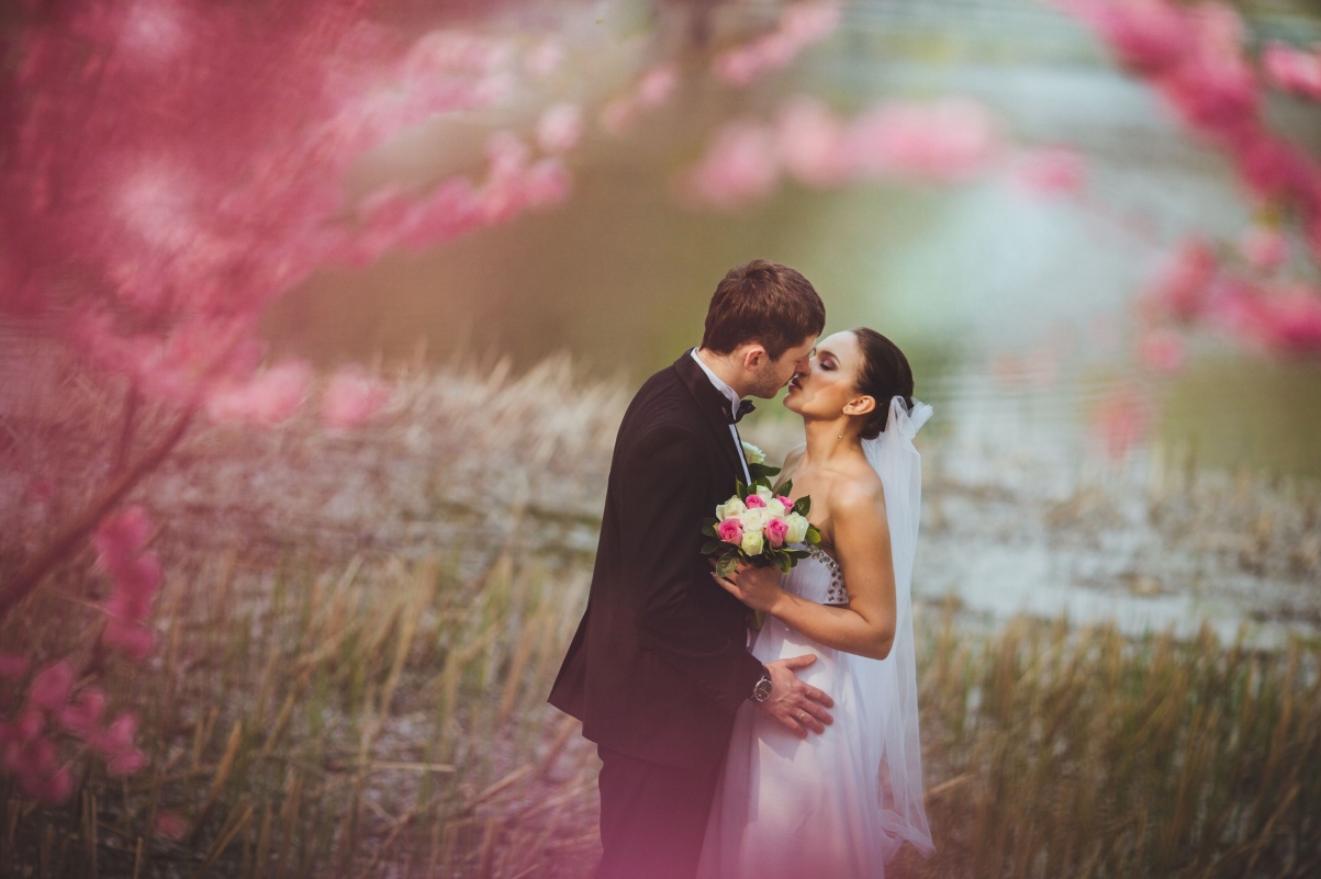 婚礼 鲜花 新娘新郎结婚服装礼服 亲嘴接吻 摄影图片