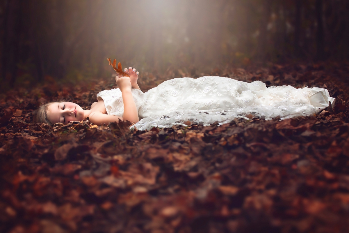 森林秋天睡在树叶上的小女孩唯美图片