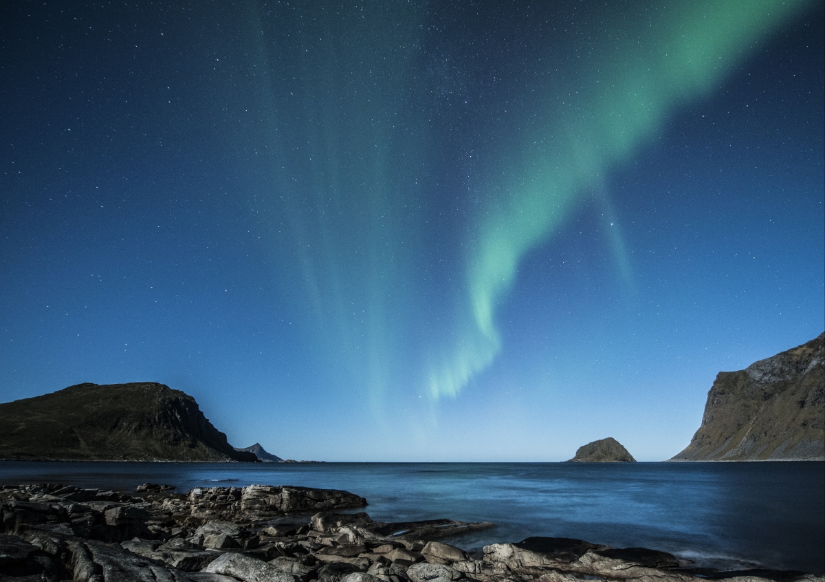 夜晚 北极光 罗弗敦 挪威 海滩 哥斯达黎加 冬天 蓝色星空4K壁纸