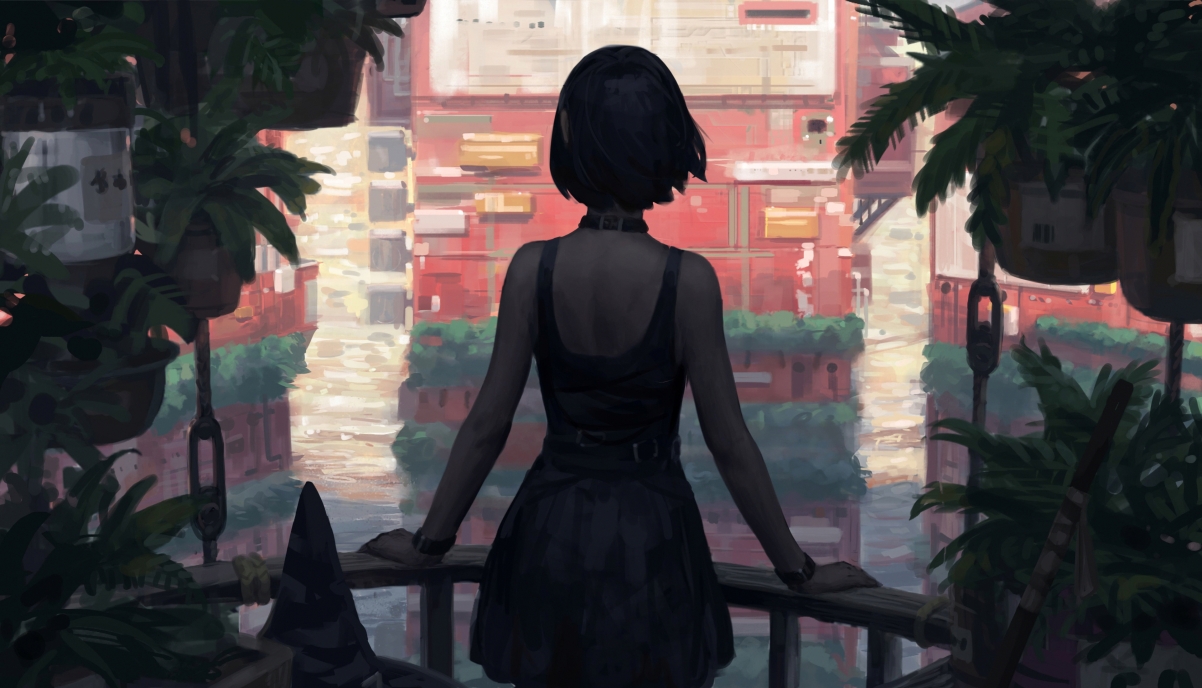 女孩短发 黑发 背部 后背 连衣裙 植物 阳台 建筑 绘画插图4k动漫壁纸