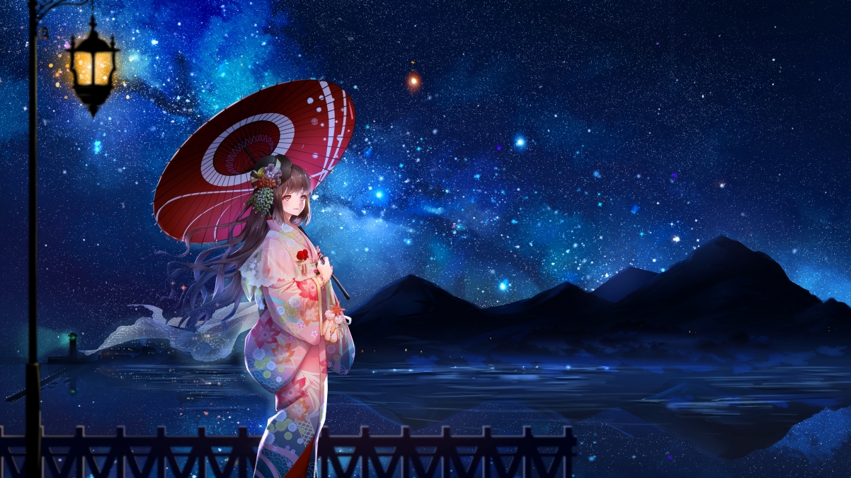 夜晚 星空 天空星星 少女和服 日本服装 伞 唯美4k动漫壁纸3840x2160