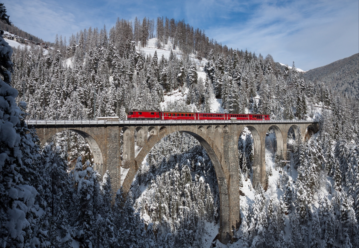 雪山 树林 高架桥 火车 4K风景壁纸
