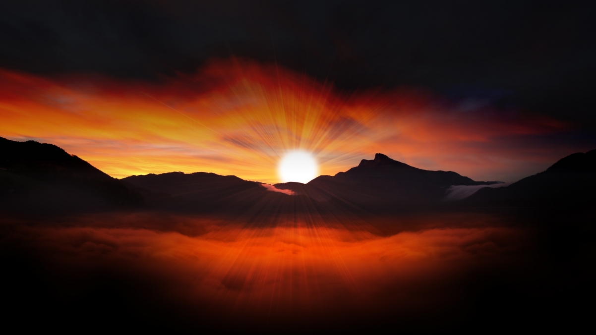 天空，太阳，云，山，黎明的光线3840x2160壁纸
