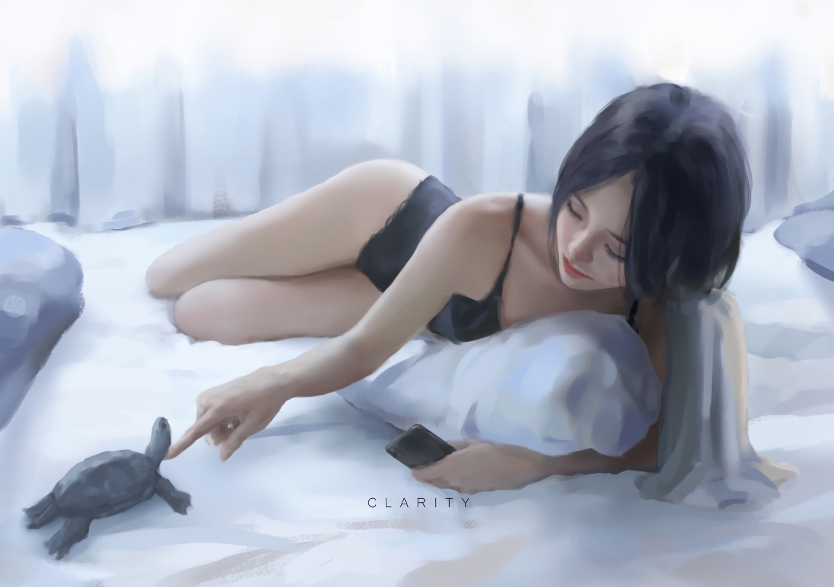 女孩黑色睡衣与小乌龟，唯美插画4K高清壁纸下载