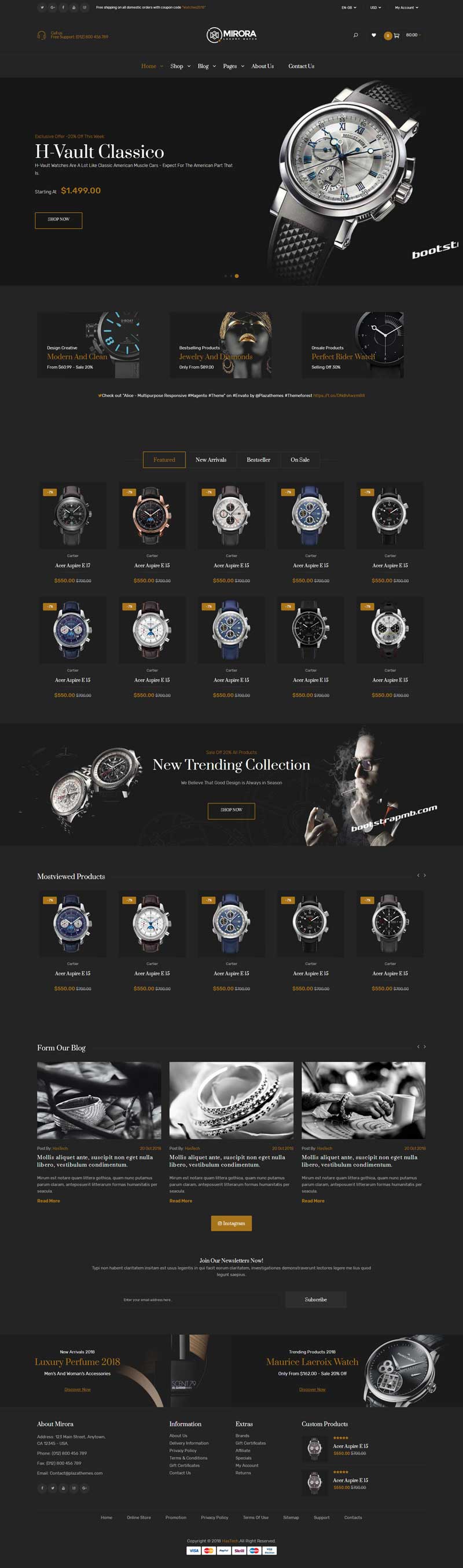 黑色Bootstrap奢侈品手表商城网站模板