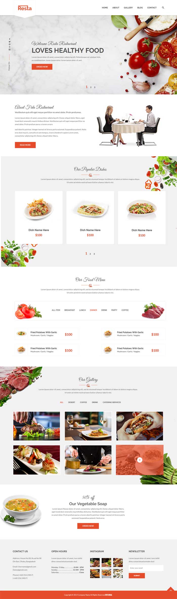红色的国外西餐厅美食网站模板html下载