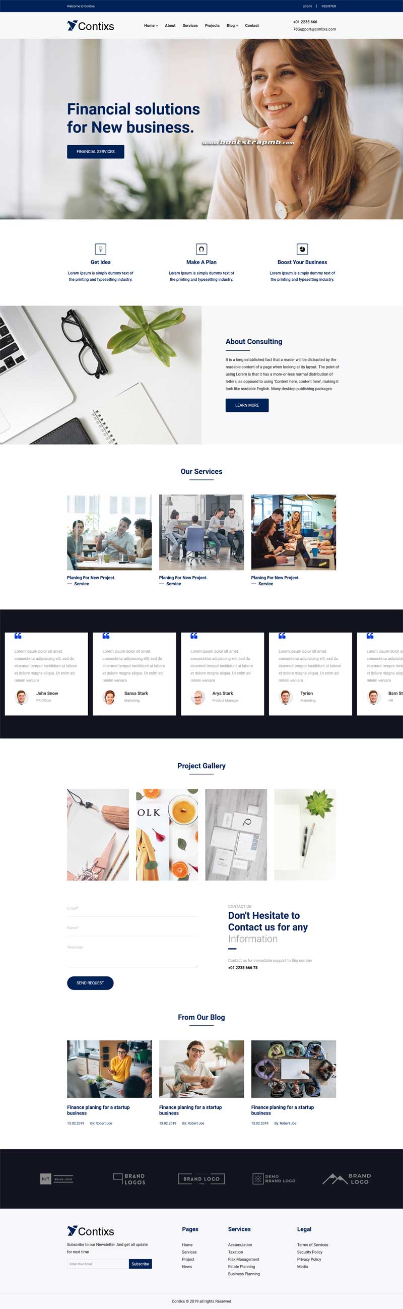 蓝色的金融和商业咨询网站Bootstrap模板