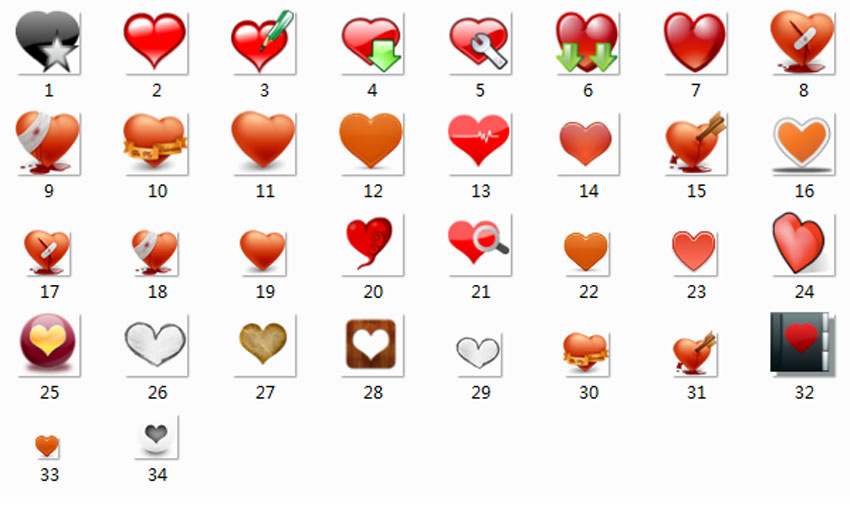 34个不同类型爱心PNG图标素材下载