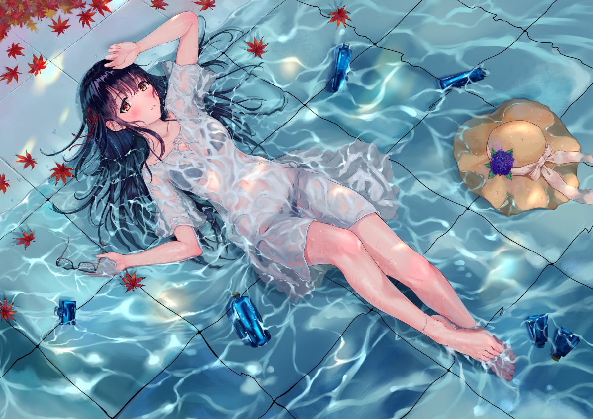 夏天 美少女 女孩子 平躺 水 裙子湿透 赤脚 4k动漫壁纸