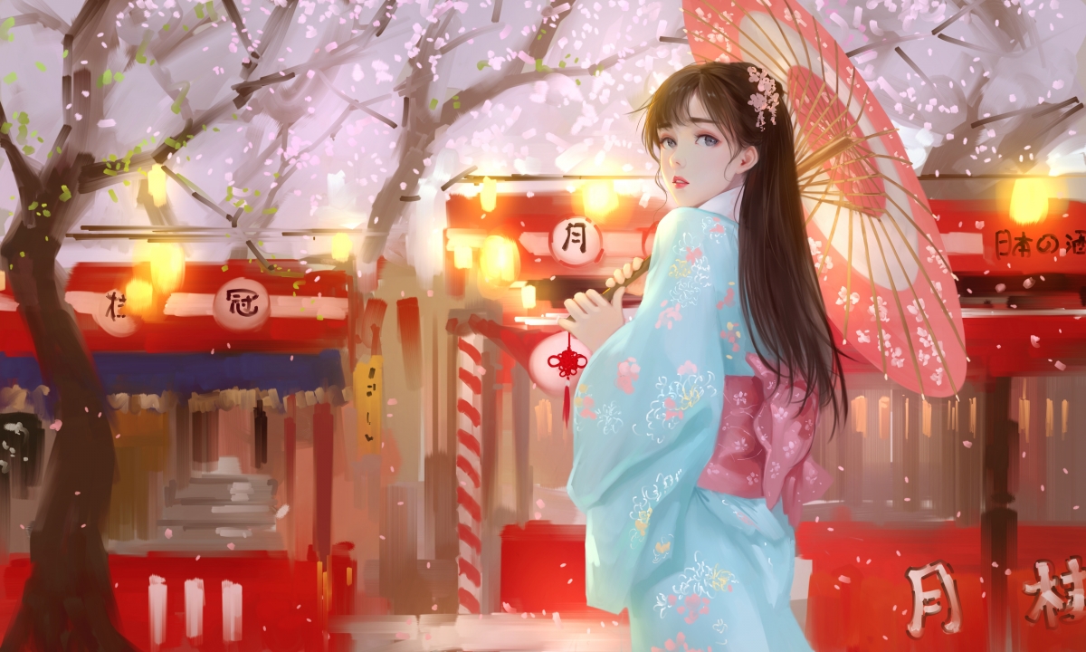 日本和服美女回头回眸纸伞樱花厚涂画唯美好看4k动漫壁纸