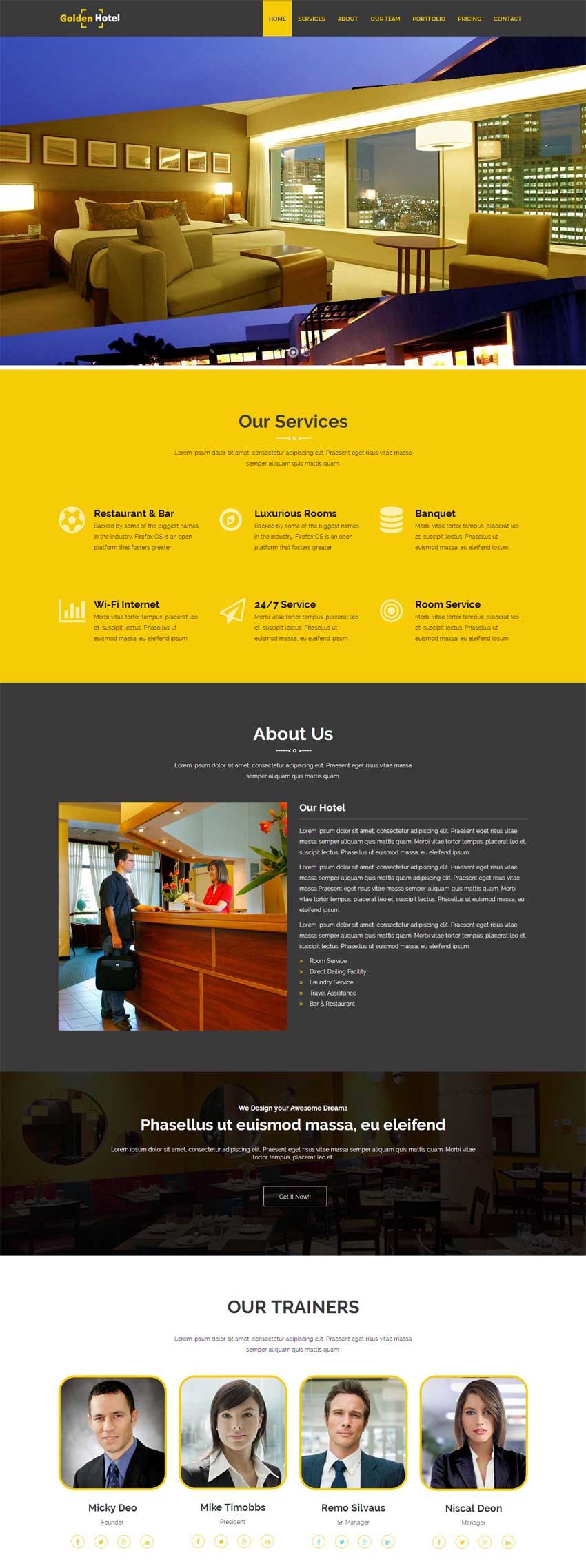 黄色的商务酒店服务展示html5动态网页模板