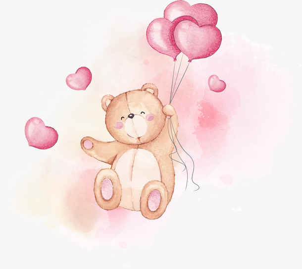 水彩手绘拿着爱心气球的小熊