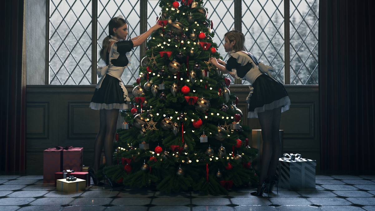 两个女仆 黑色丝袜 美腿 布置圣诞节 圣诞树 4k动漫壁纸