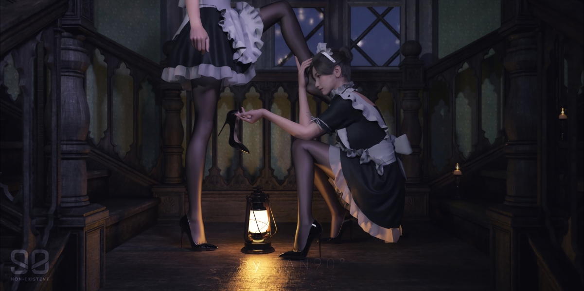 两个女仆 女仆装 黑裤袜 黑色高跟鞋 油灯 楼梯4k动漫壁纸