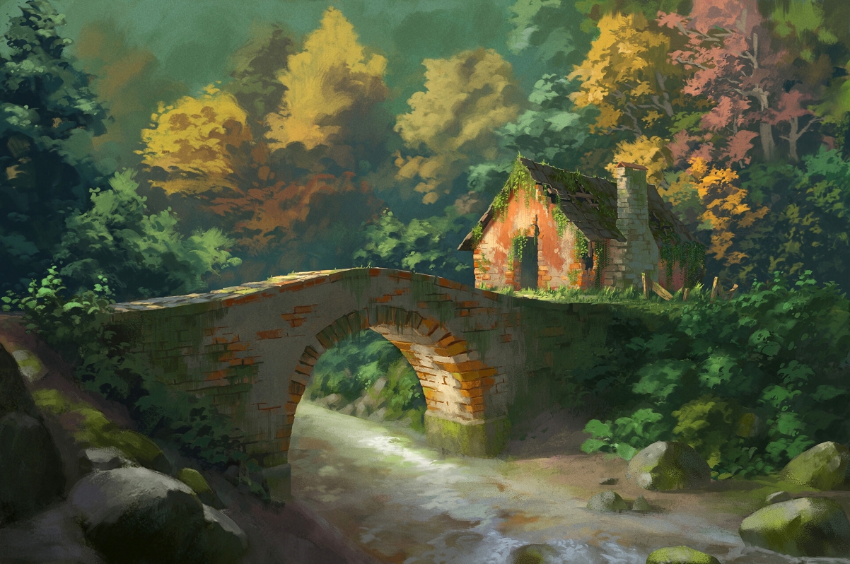 森林桥梁房屋河流风景绘画4k壁纸 久久资源网