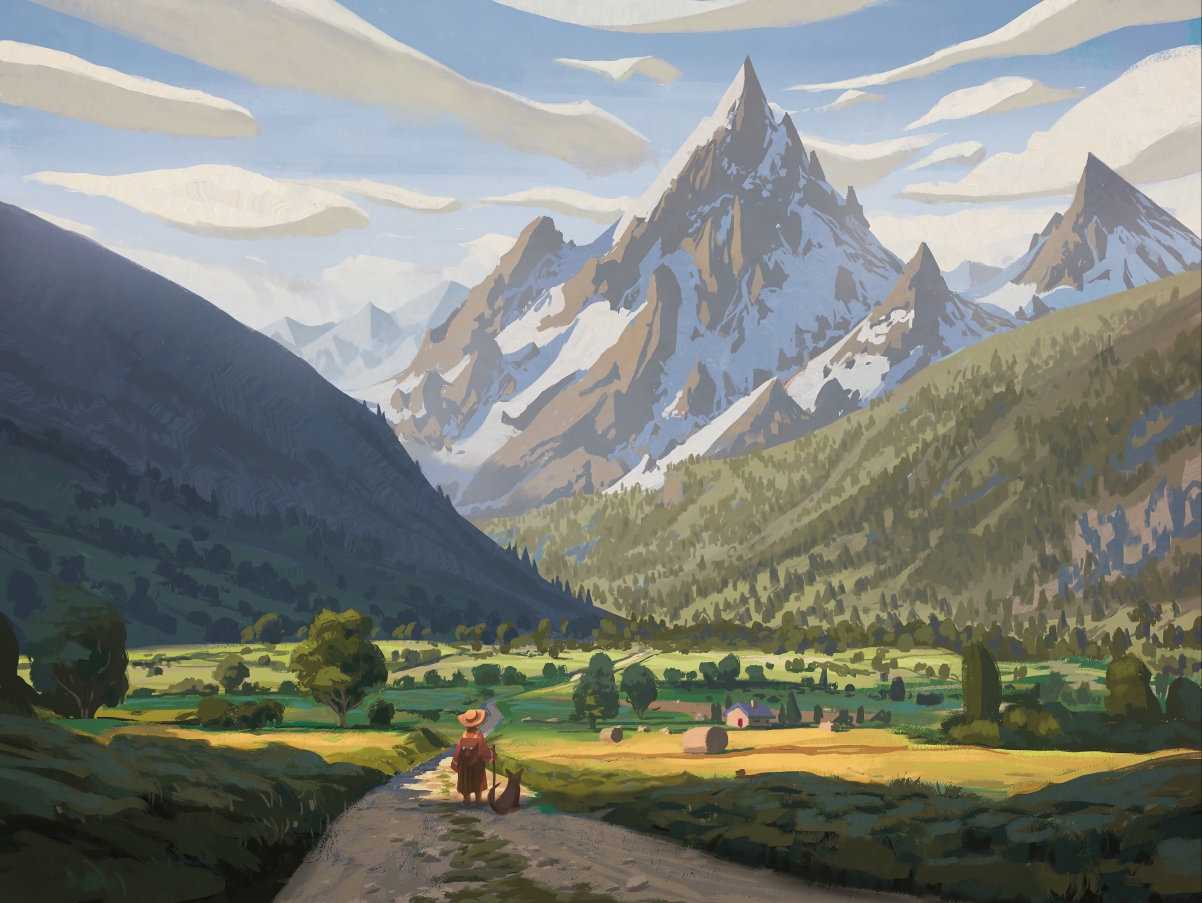 山谷之上的山 小路 戴帽子的小孩 狗 麦田 插画风景4k壁纸