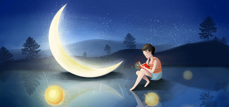 月光下读书的孩子