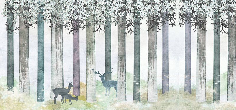 手绘北欧树林背景墙装饰画，高清JPG艺术素材，文艺清新风格下载