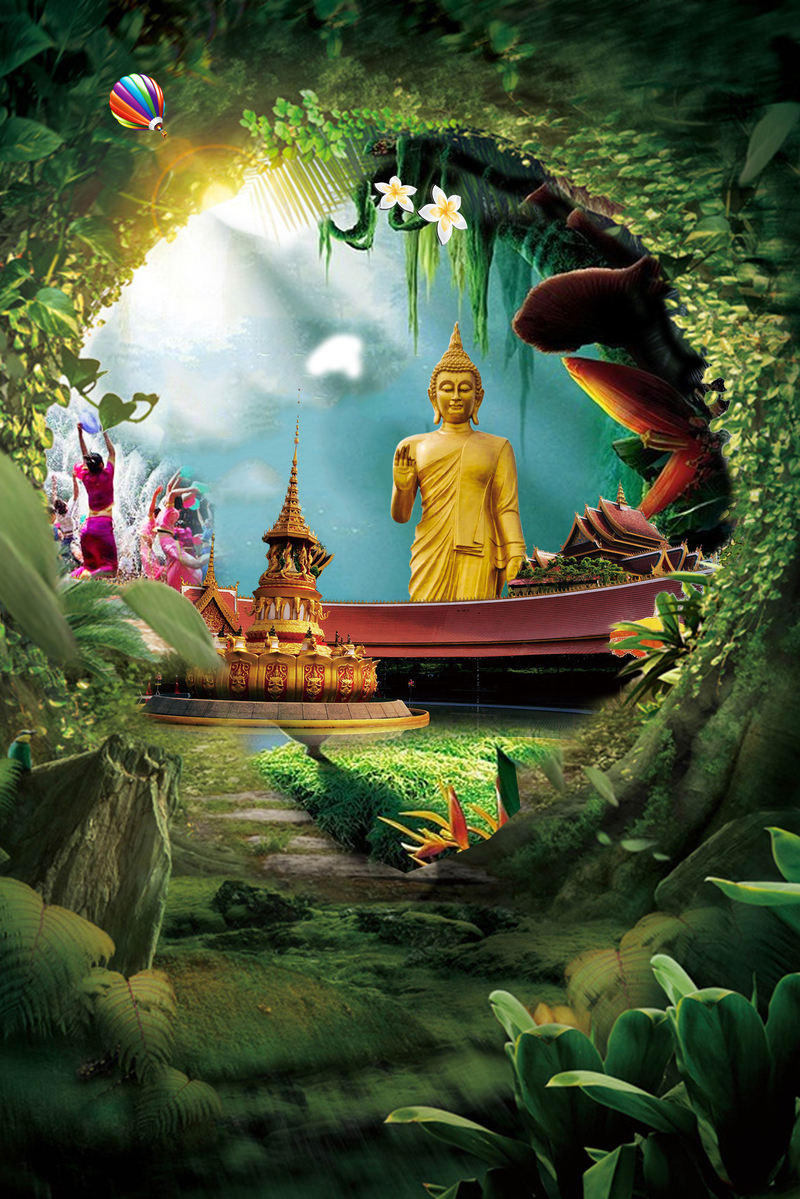 泰国旅游海报设计素材，高清JPG背景+卡通手绘PSD下载