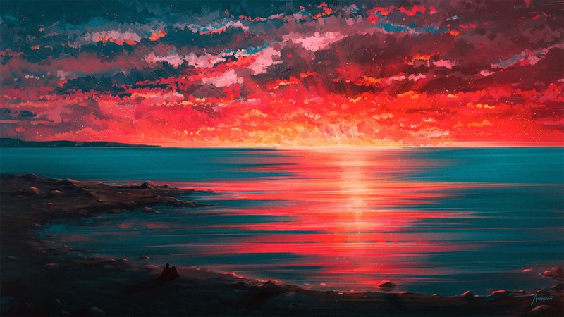 海面，夕阳，阳光，手绘，红彤彤