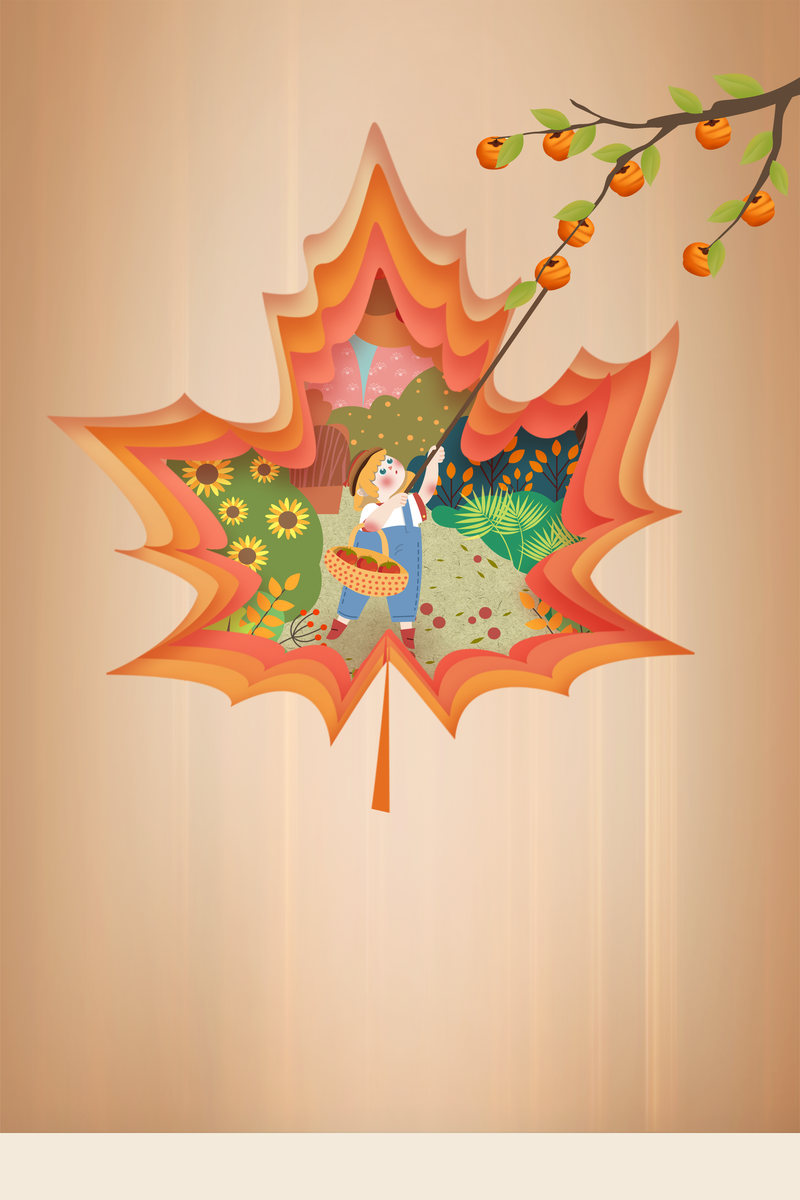 立秋手绘人物与树叶，柿子树枝背景，高清JPG/PSD卡通设计素材下载