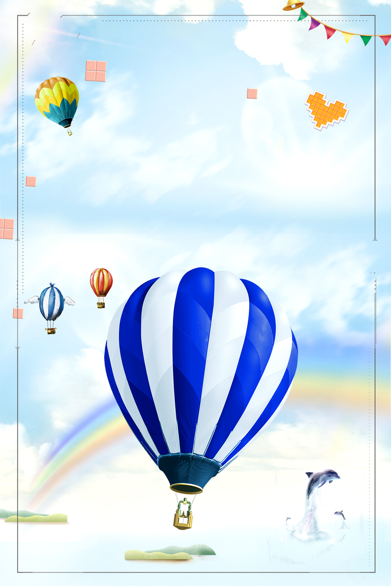 卡通手绘白云热气球正能量海报背景素材