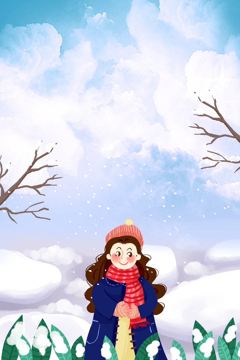 手绘小姑娘雪中散步