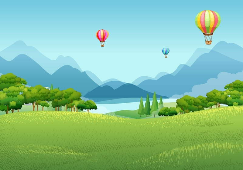 矢量风景插画草地远山热气球背景