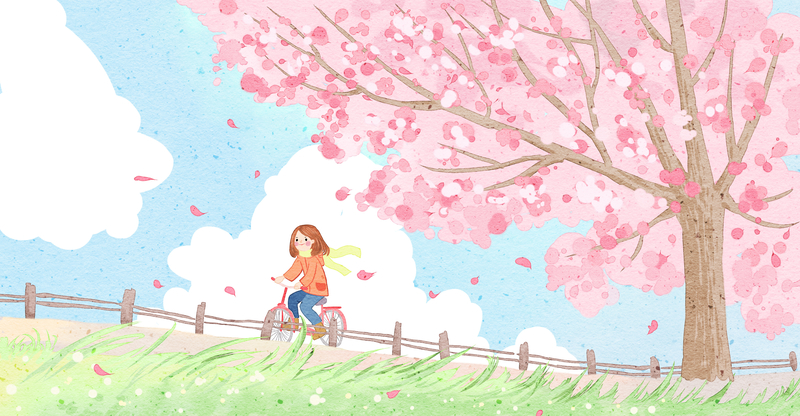 草地路栏杆自行车小女孩樱花