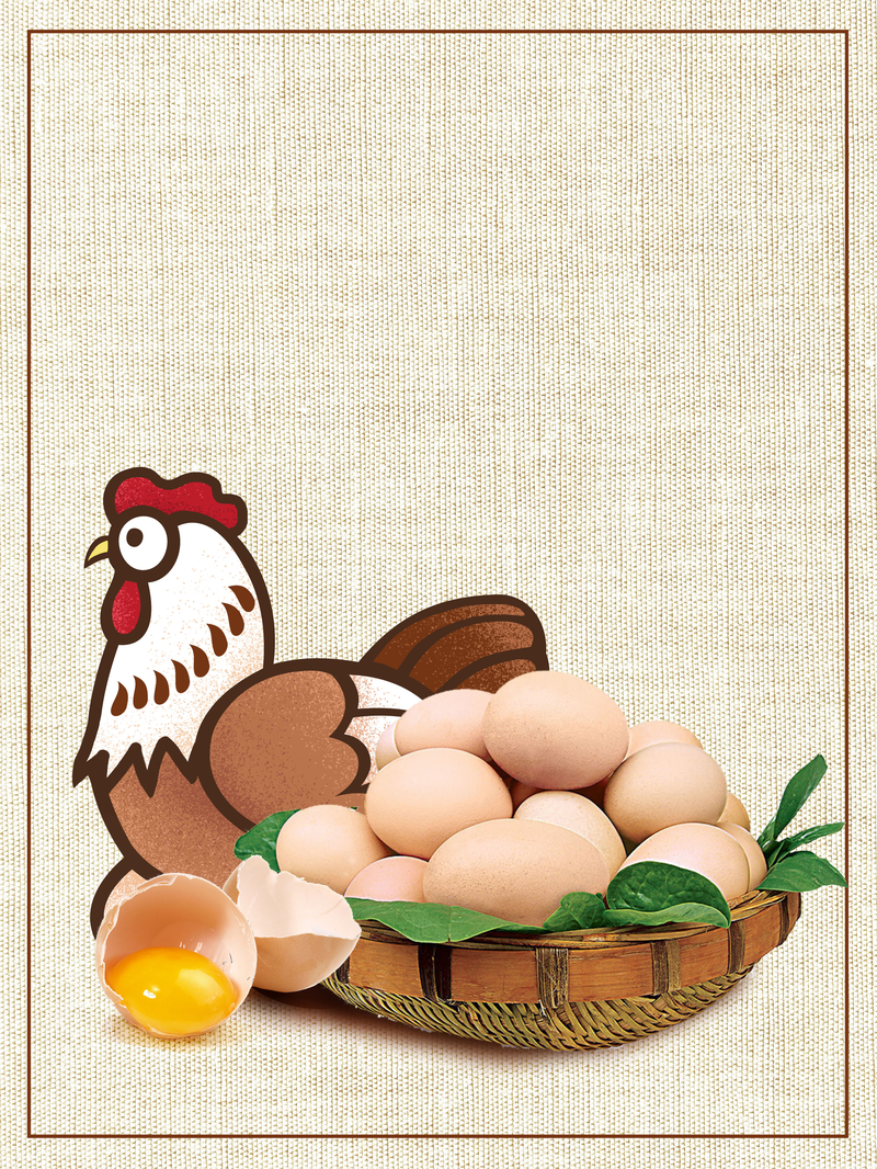 麻布纹理卡通母鸡鸡蛋绿色食品海报背景素