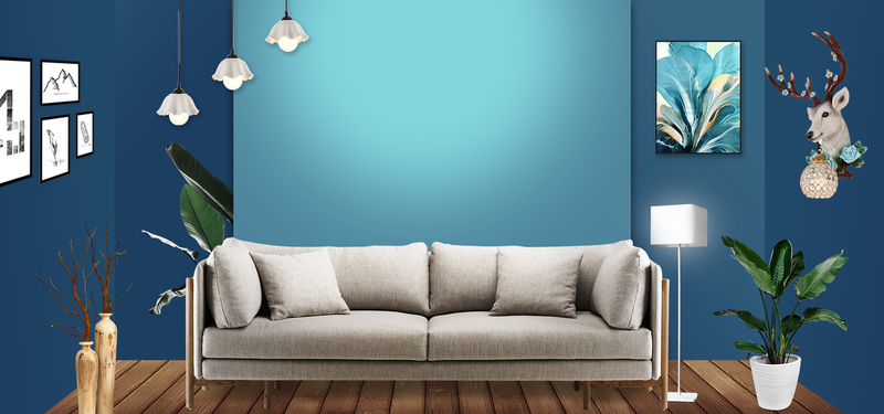 高级布艺沙发促销蓝色背景