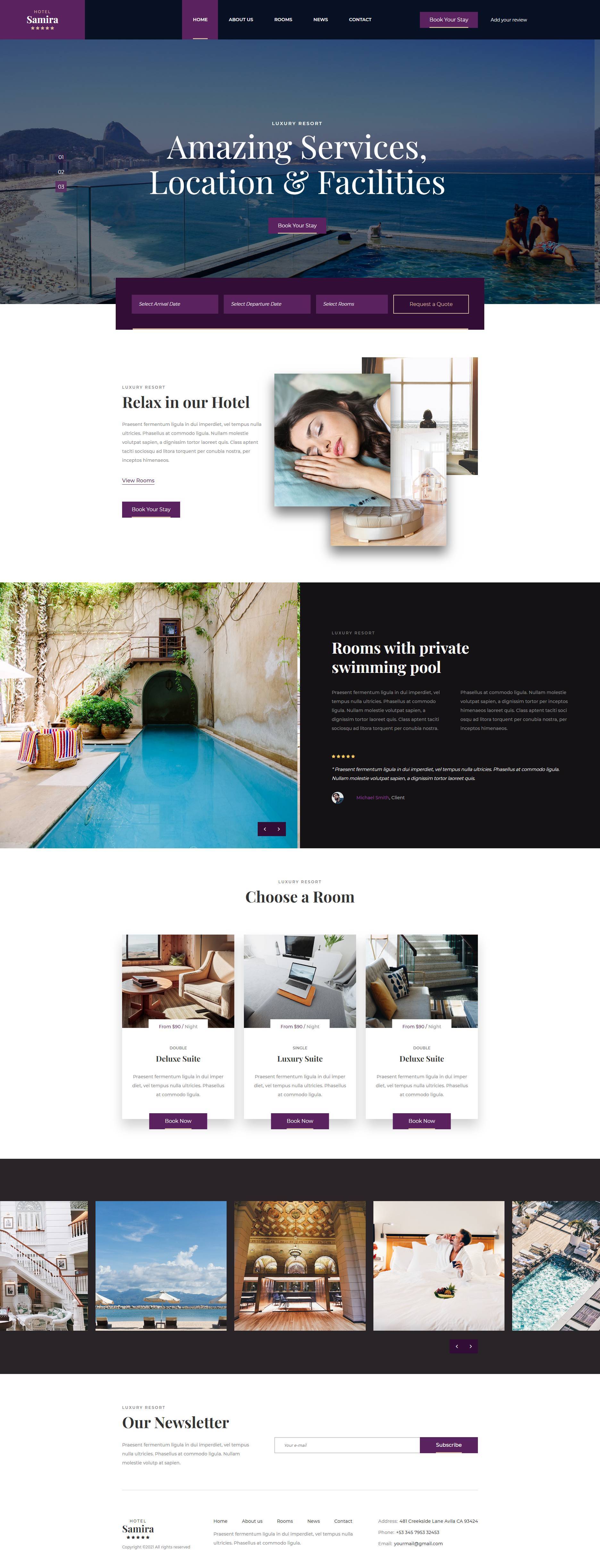 紫色全屏酒店预定html网站模板
