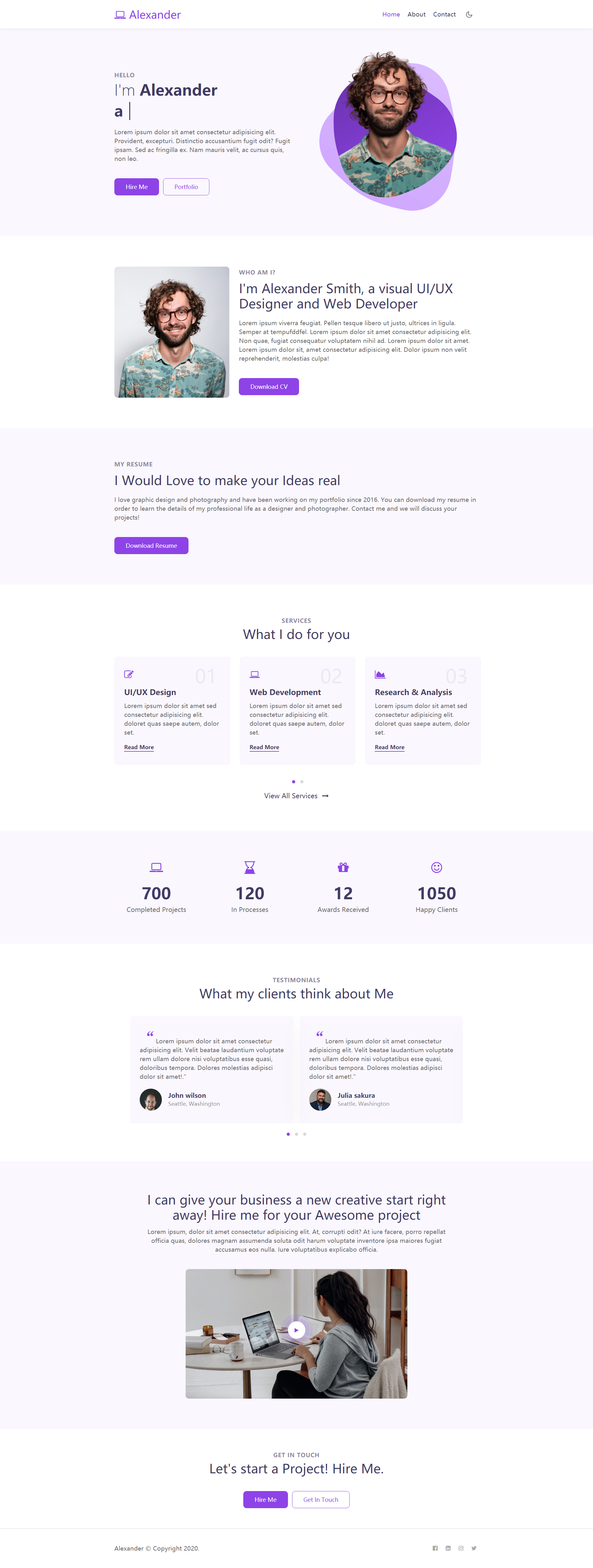 简约精美的紫色个人展示html网站模板