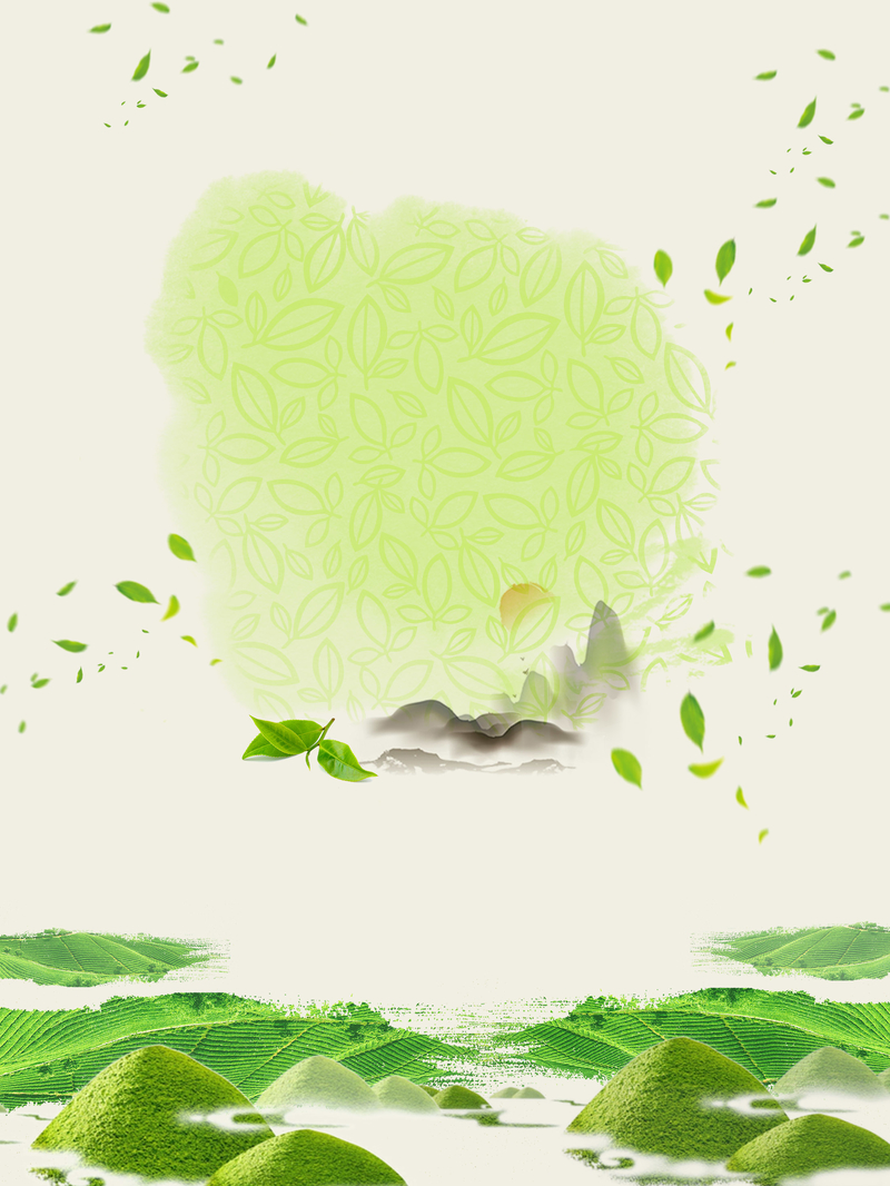 简约手绘水墨风景茶山风景树叶背景素材