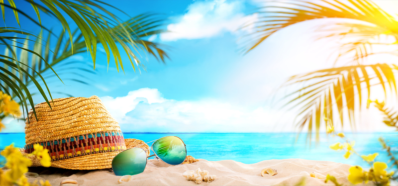 海边summer椰子树叶 草帽 沙滩背景