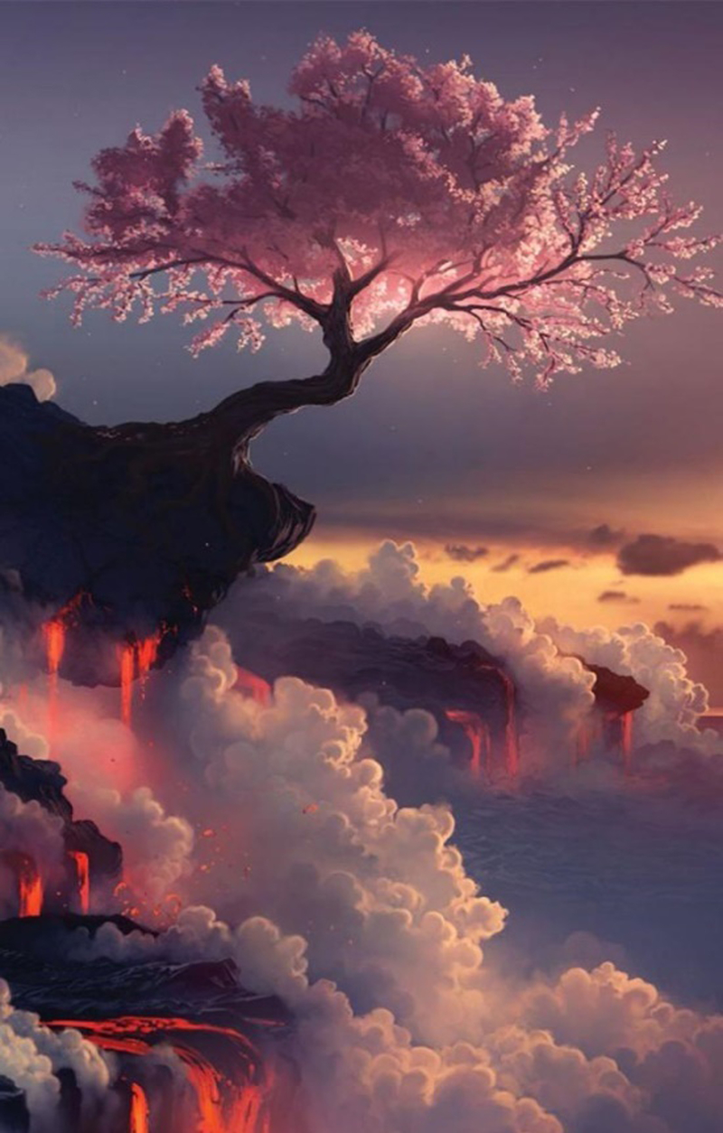 绚丽晚霞下的富士山樱花树背景