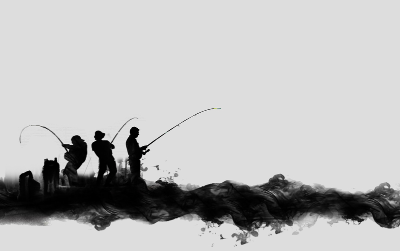 黑白水墨垂钓钓鱼人物背景素材
