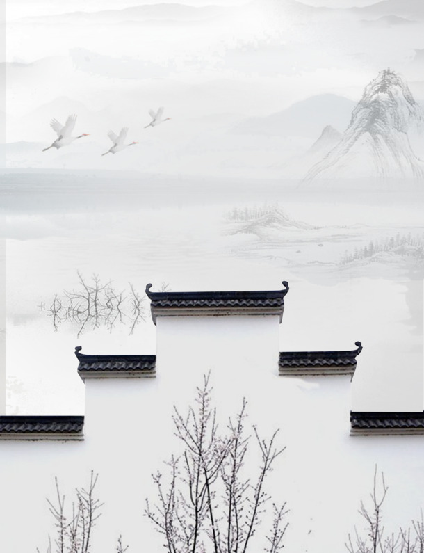 中国风江南水墨山水画PNG透明图，高清装饰元素，设计素材免费下载