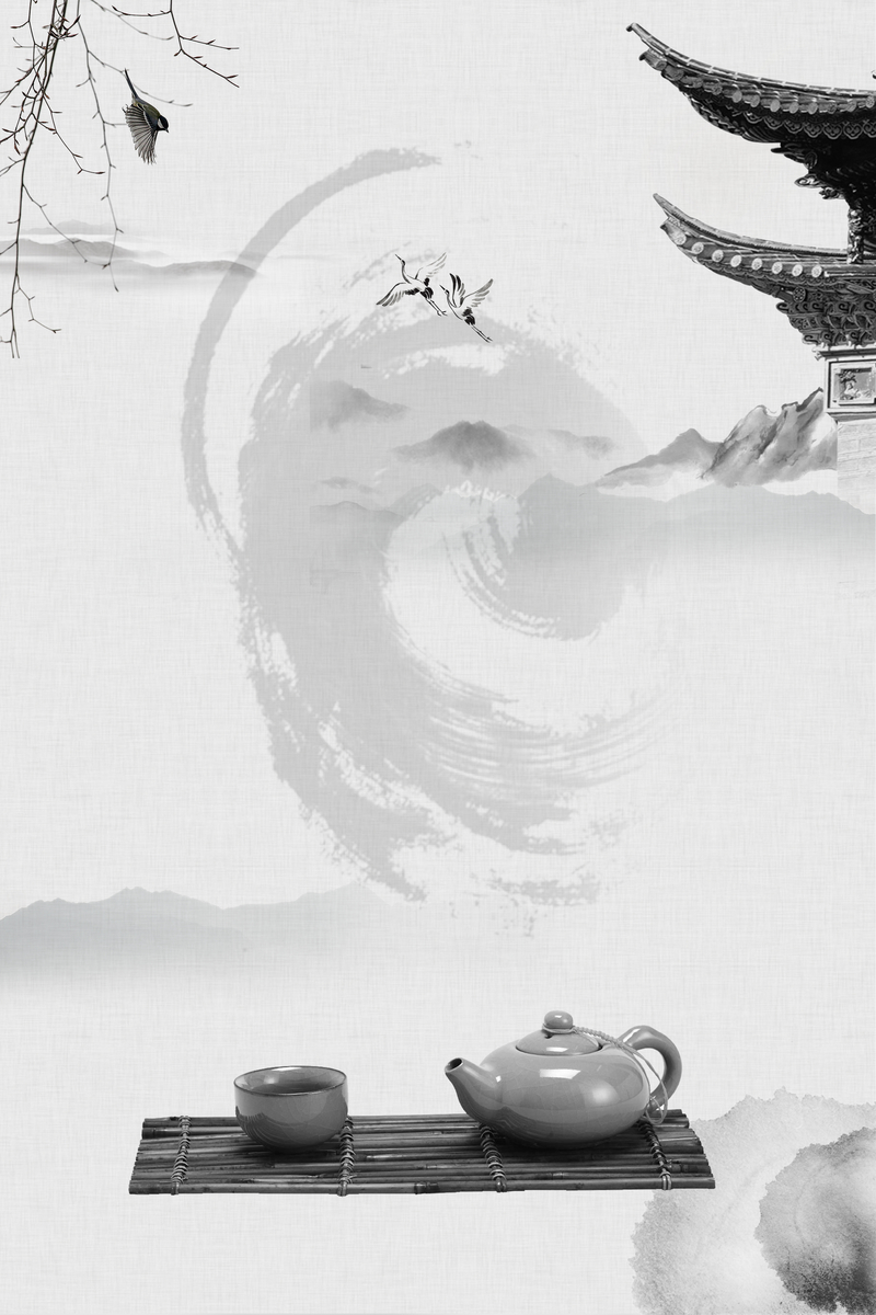 水墨中国风淡雅品茶人生海报背景素材